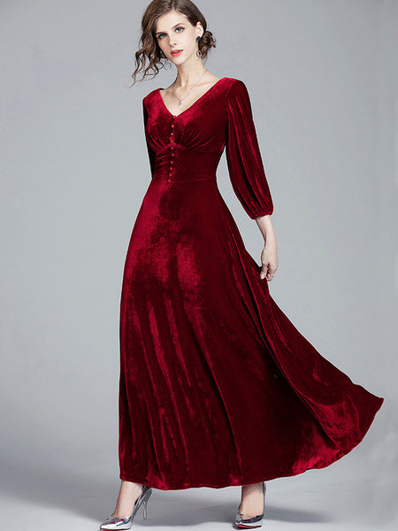 Velvet V-Neck Long Sleeve Buttons Slim Fit Maxi Party Dress