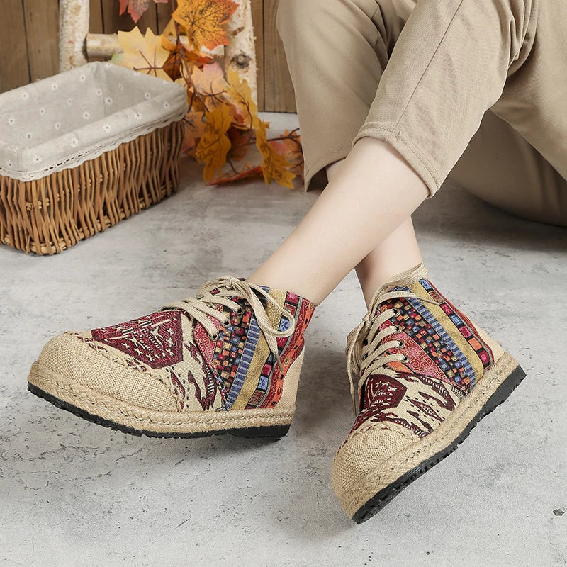 Veowalk High Top Cotton Embroidered Casual Linen Flat Shoes
