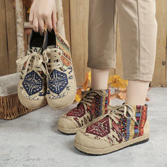Veowalk High Top Cotton Embroidered Casual Linen Flat Shoes