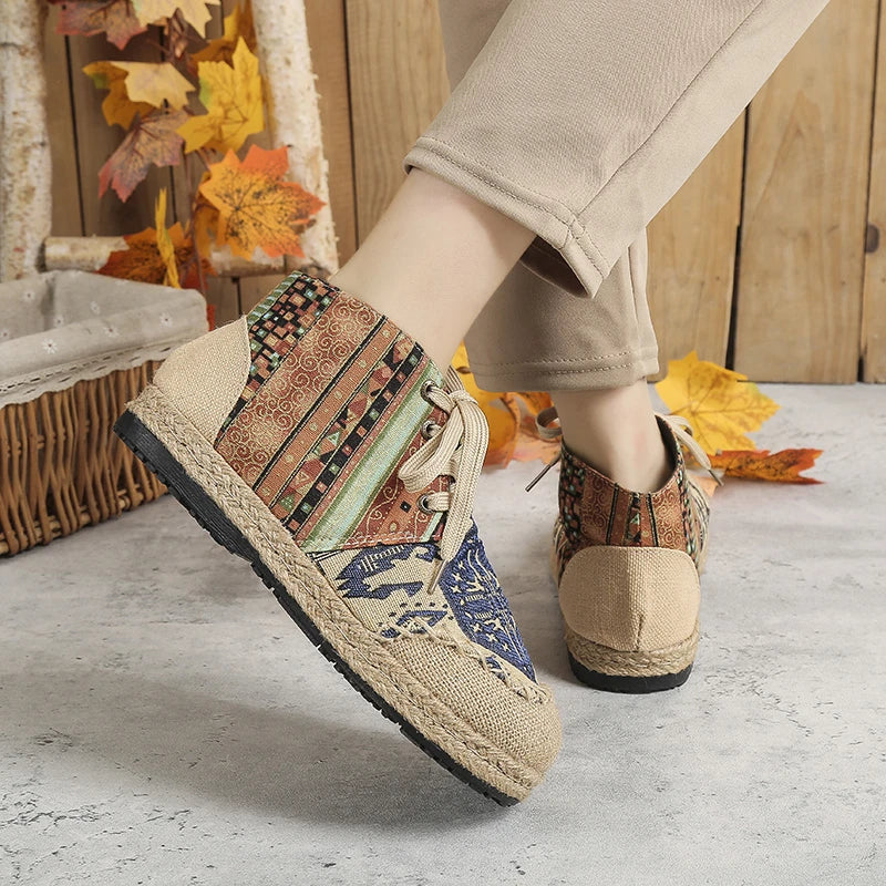 Veowalk High Top Cotton Embroidered Casual Linen Flat Shoes