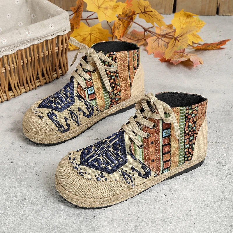 Veowalk High Top Cotton Embroidered Casual Linen Flat Shoes