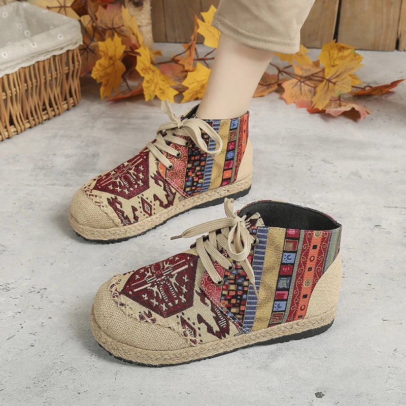 Veowalk High Top Cotton Embroidered Casual Linen Flat Shoes
