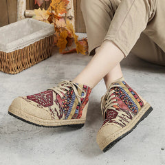 Veowalk High Top Cotton Embroidered Casual Linen Flat Shoes