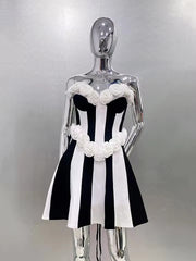 Vertical Stripes 3D Flower Splicing Strapless Lace-Up Mini Dress