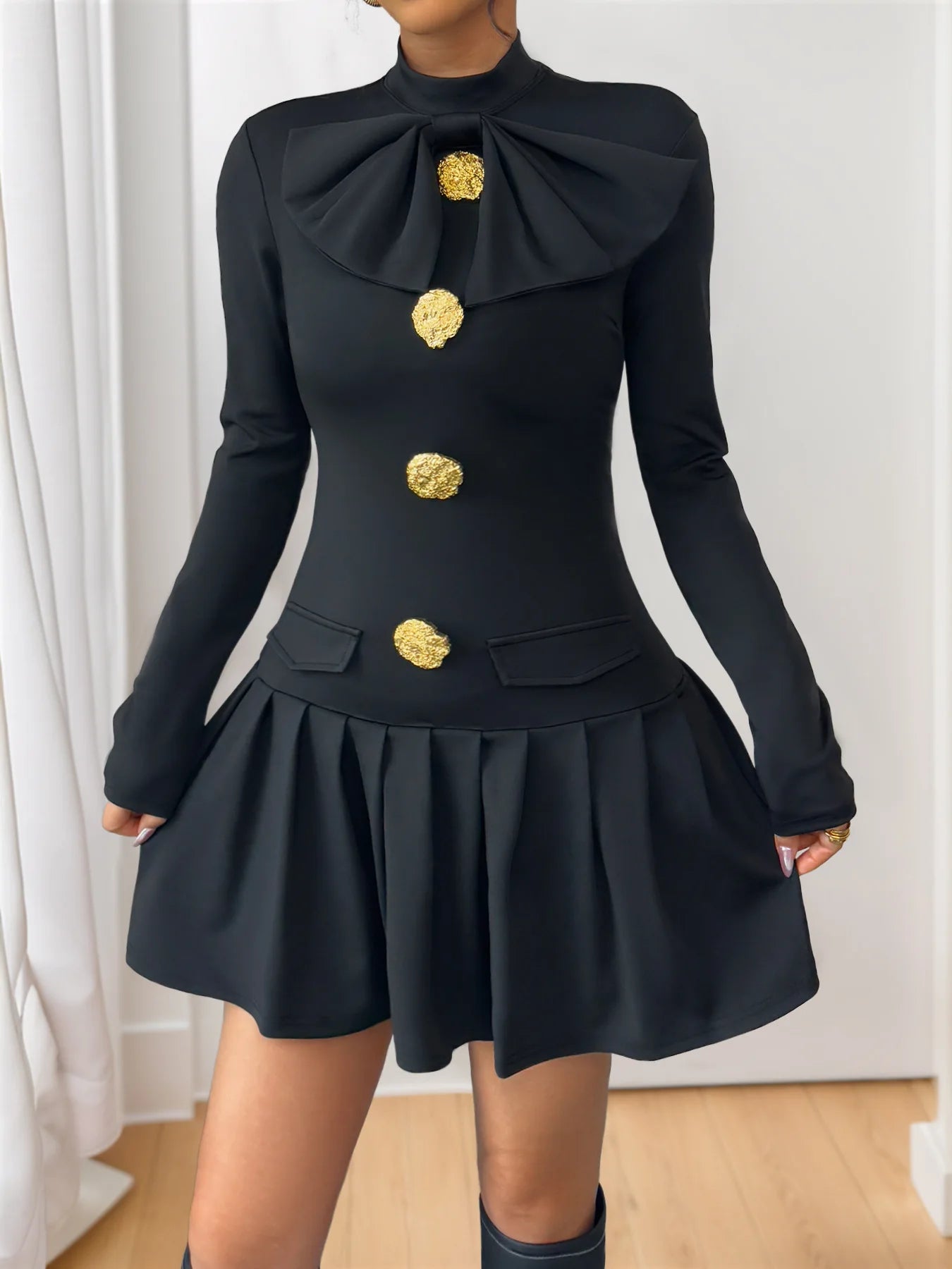 Vintage Half High Collar A-Line Slim Short Medium Stretch Mini Dress