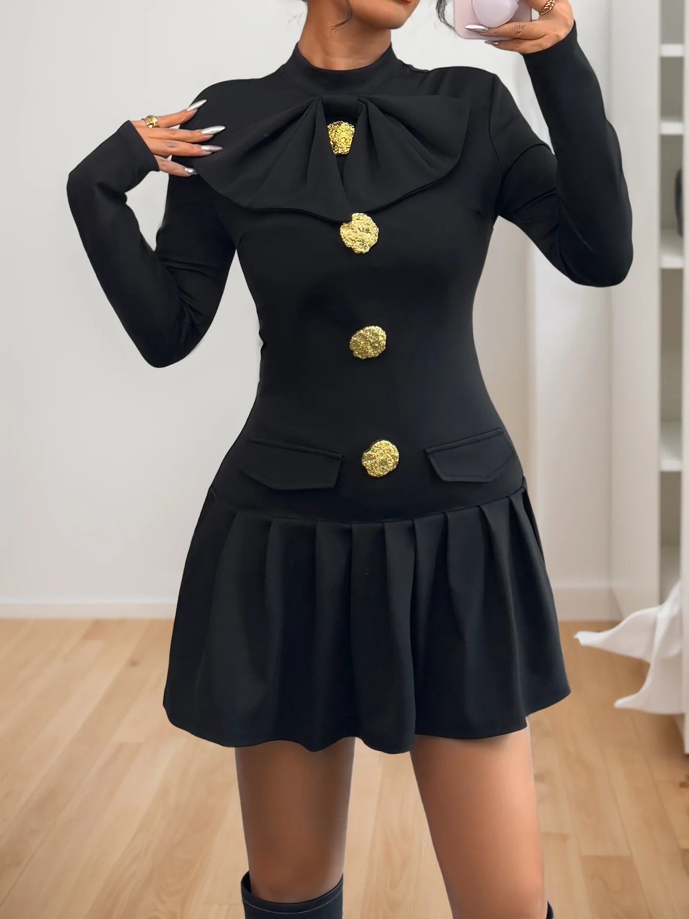 Vintage Half High Collar A-Line Slim Short Medium Stretch Mini Dress