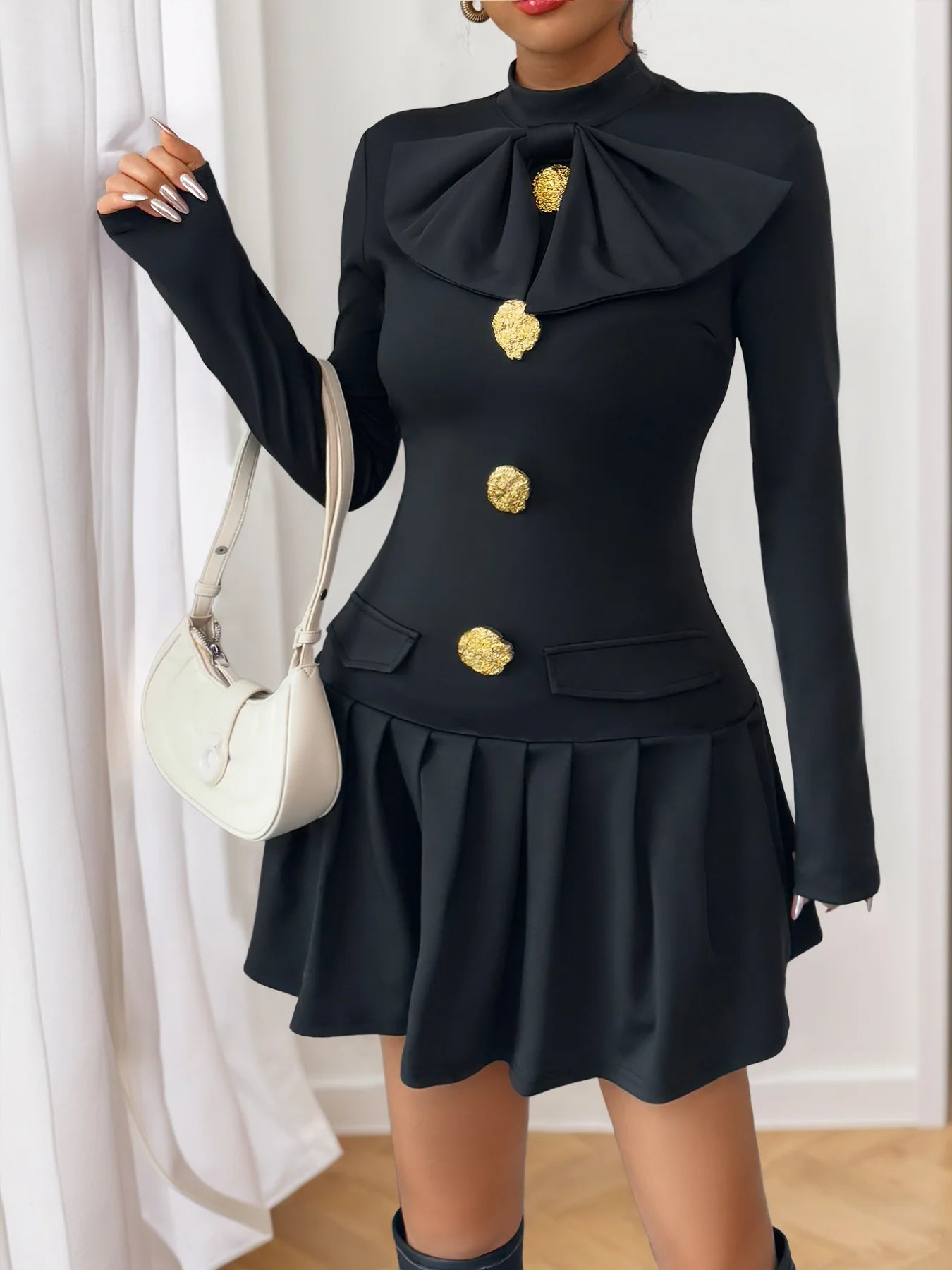 Vintage Half High Collar A-Line Slim Short Medium Stretch Mini Dress
