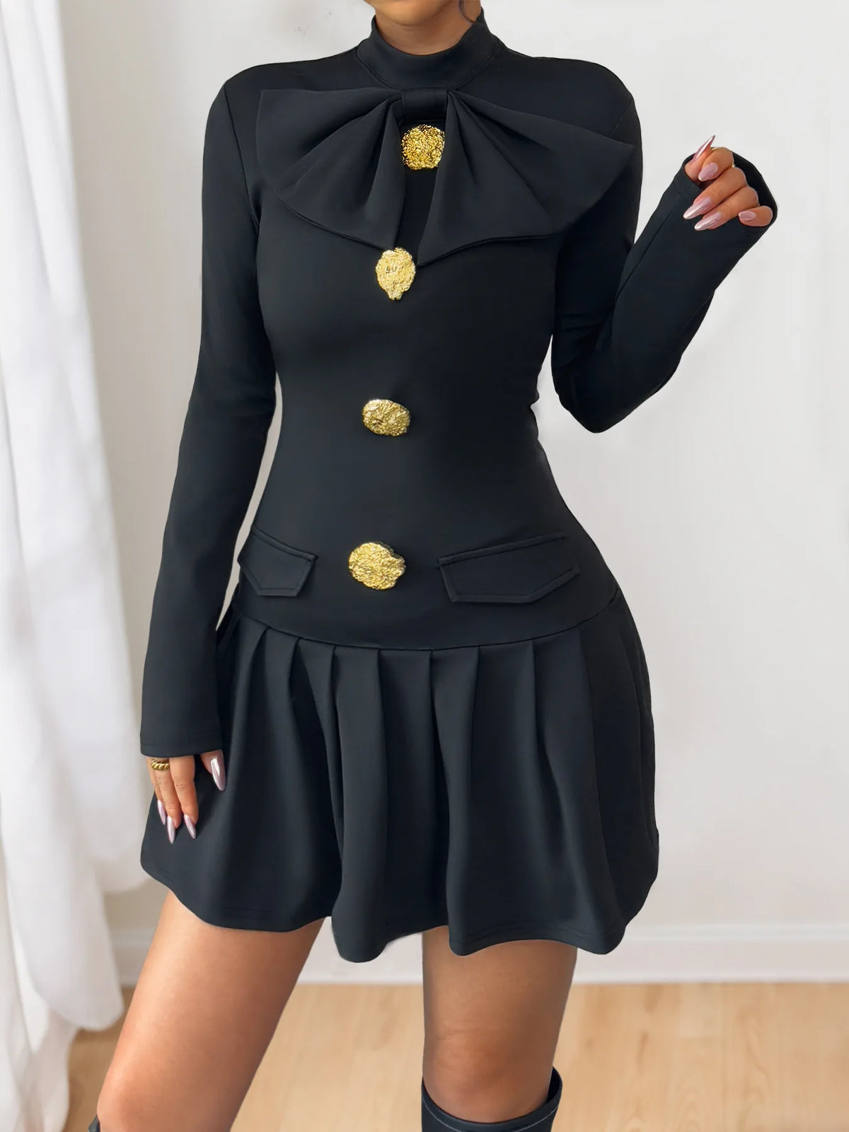 Vintage Half High Collar A-Line Slim Short Medium Stretch Mini Dress