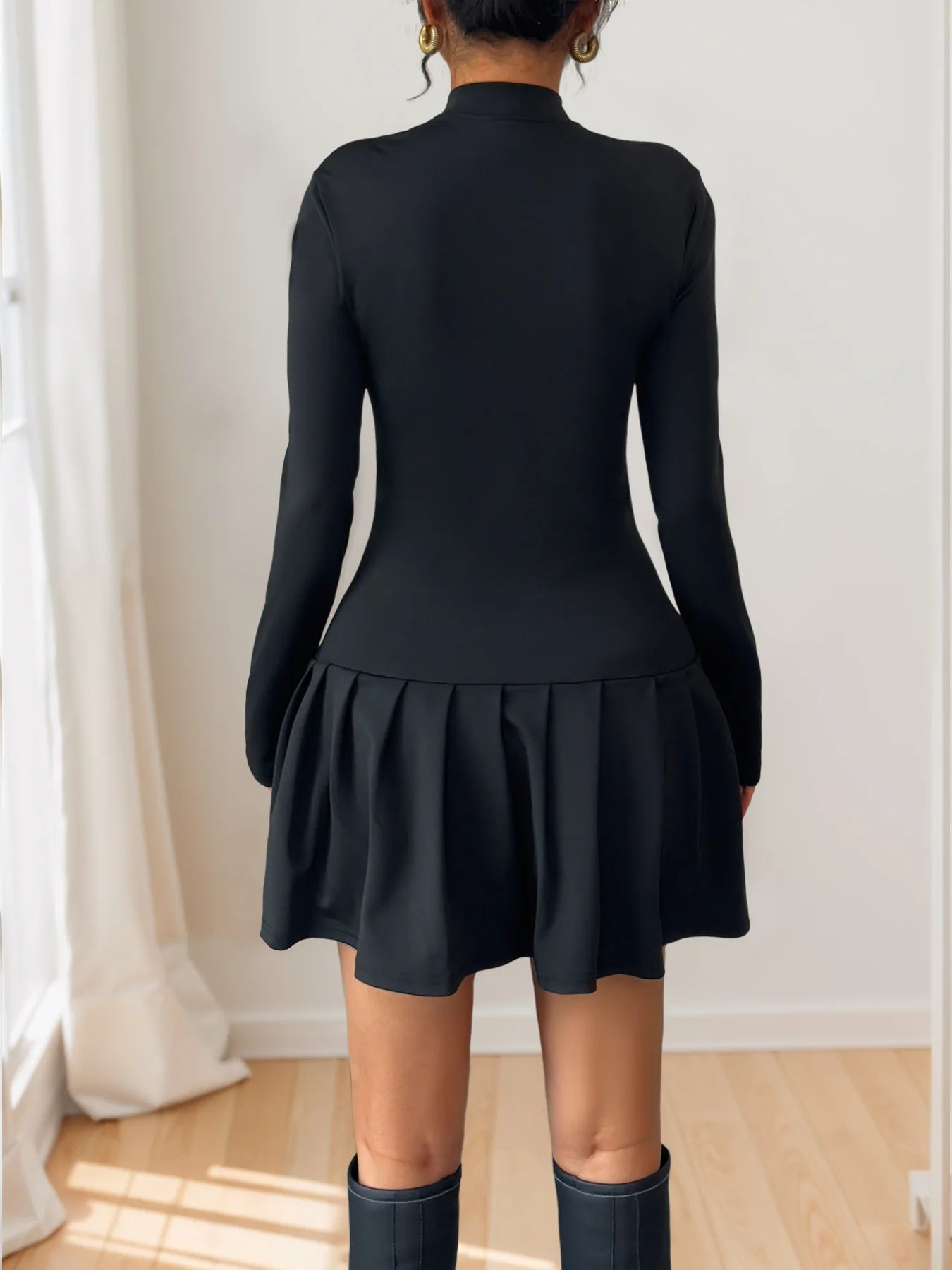 Vintage Half High Collar A-Line Slim Short Medium Stretch Mini Dress