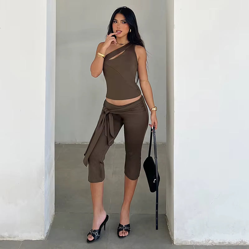 Vintage Backless Sleeveless Vest High Waisted Bandage Trousers Set