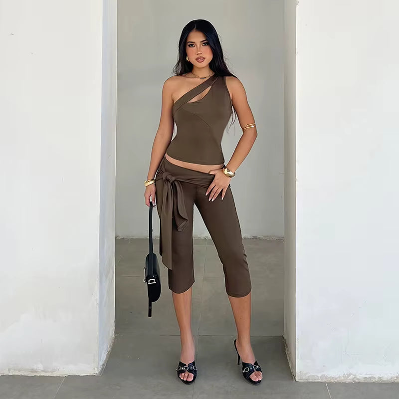 Vintage Backless Sleeveless Vest High Waisted Bandage Trousers Set