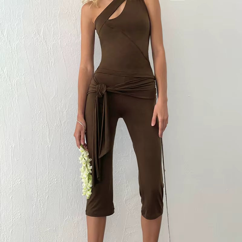 Vintage Backless Sleeveless Vest High Waisted Bandage Trousers Set