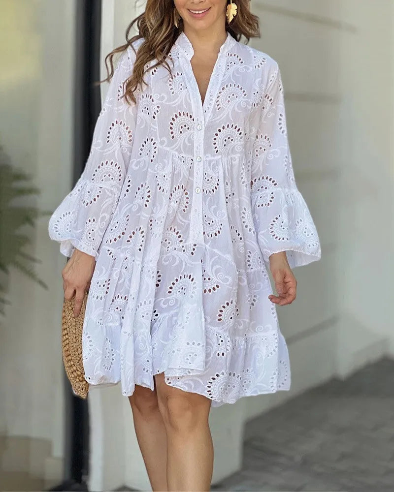 Vintage Embroidery Beach Style Solid Lace Hollow Out Pattern Loose Mini Dress