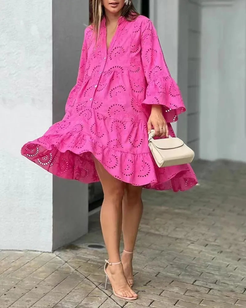 Vintage Embroidery Beach Style Solid Lace Hollow Out Pattern Loose Mini Dress