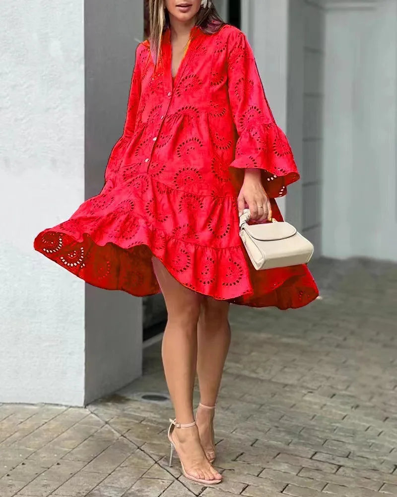 Vintage Embroidery Beach Style Solid Lace Hollow Out Pattern Loose Mini Dress