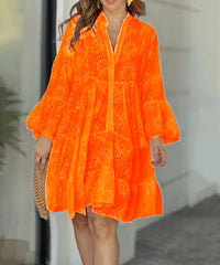Vintage Embroidery Beach Style Solid Lace Hollow Out Pattern Loose Mini Dress