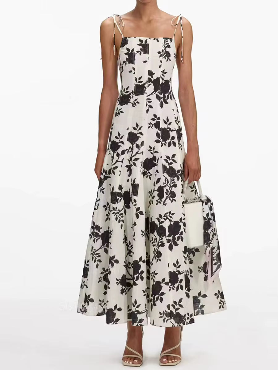 Vintage Bohemia Patchwork Floral Square Collar Sleeveless High Waist Folds Printed Dress