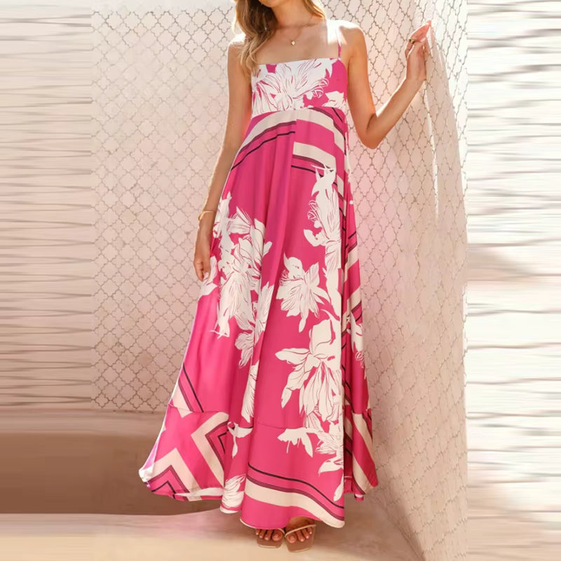 Vintage Bohemian Flower Print Swing Spaghetti Straps Beach Style Maxi Dress