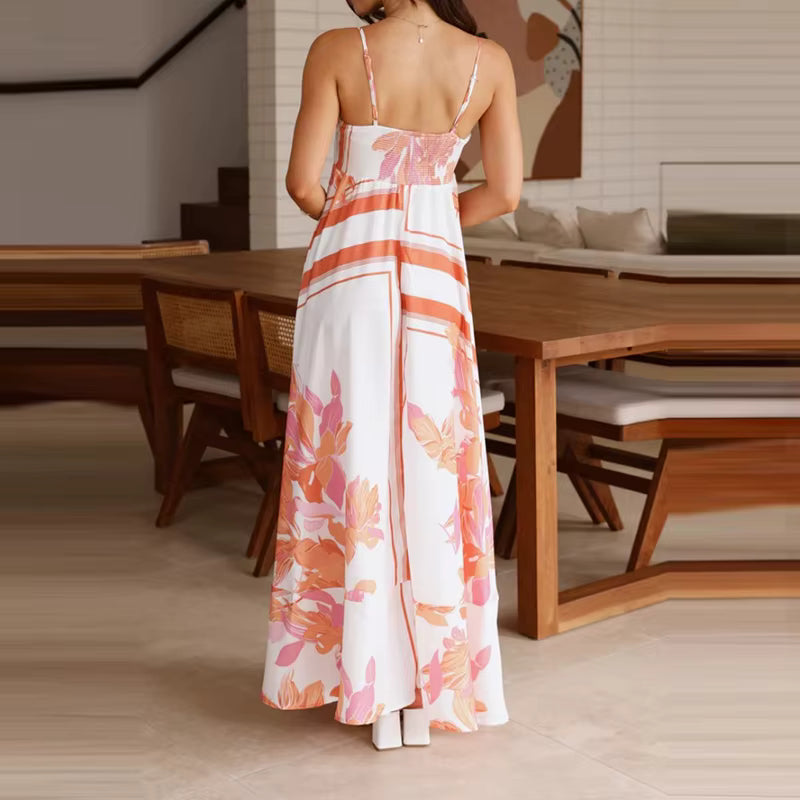 Vintage Bohemian Flower Print Swing Spaghetti Straps Beach Style Maxi Dress