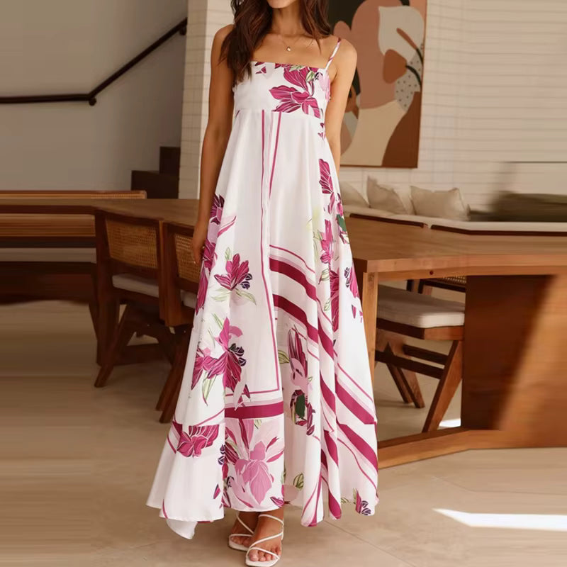 Vintage Bohemian Flower Print Swing Spaghetti Straps Beach Style Maxi Dress
