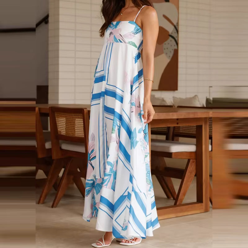 Vintage Bohemian Flower Print Swing Spaghetti Straps Beach Style Maxi Dress