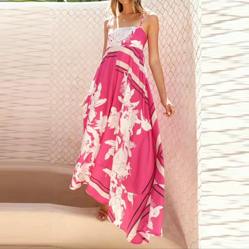 Vintage Bohemian Flower Print Swing Spaghetti Straps Beach Style Maxi Dress