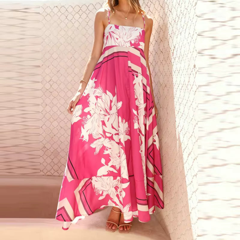 Vintage Bohemian Flower Print Swing Spaghetti Straps Beach Style Maxi Dress