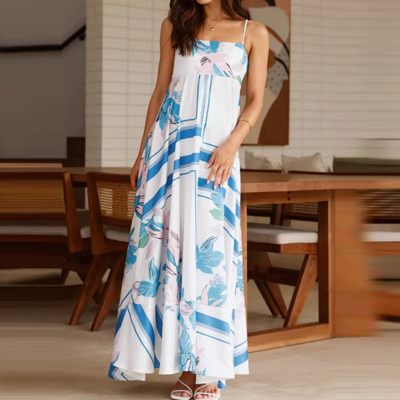 Vintage Bohemian Flower Print Swing Spaghetti Straps Beach Style Maxi Dress