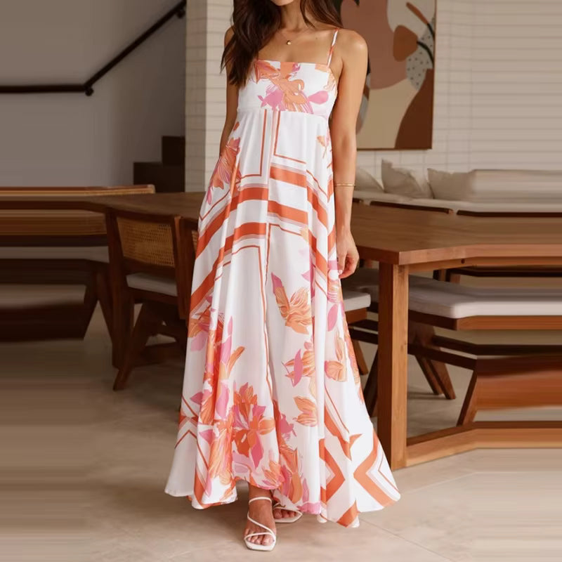 Vintage Bohemian Flower Print Swing Spaghetti Straps Beach Style Maxi Dress