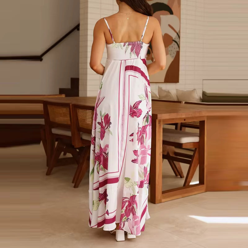 Vintage Bohemian Flower Print Swing Spaghetti Straps Beach Style Maxi Dress