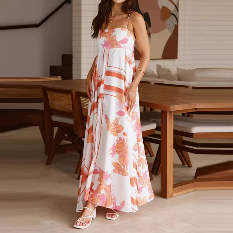 Vintage Bohemian Flower Print Swing Spaghetti Straps Beach Style Maxi Dress