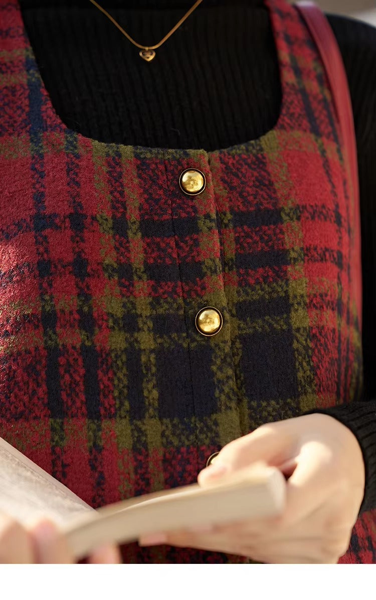 Vintage Button A-line Square Collar Plaid Woolen Mini Dress