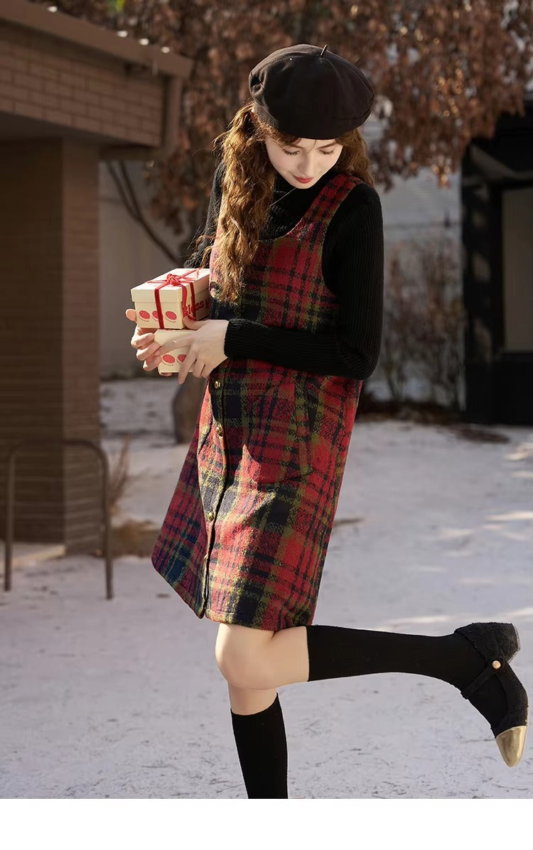 Vintage Button A-line Square Collar Plaid Woolen Mini Dress