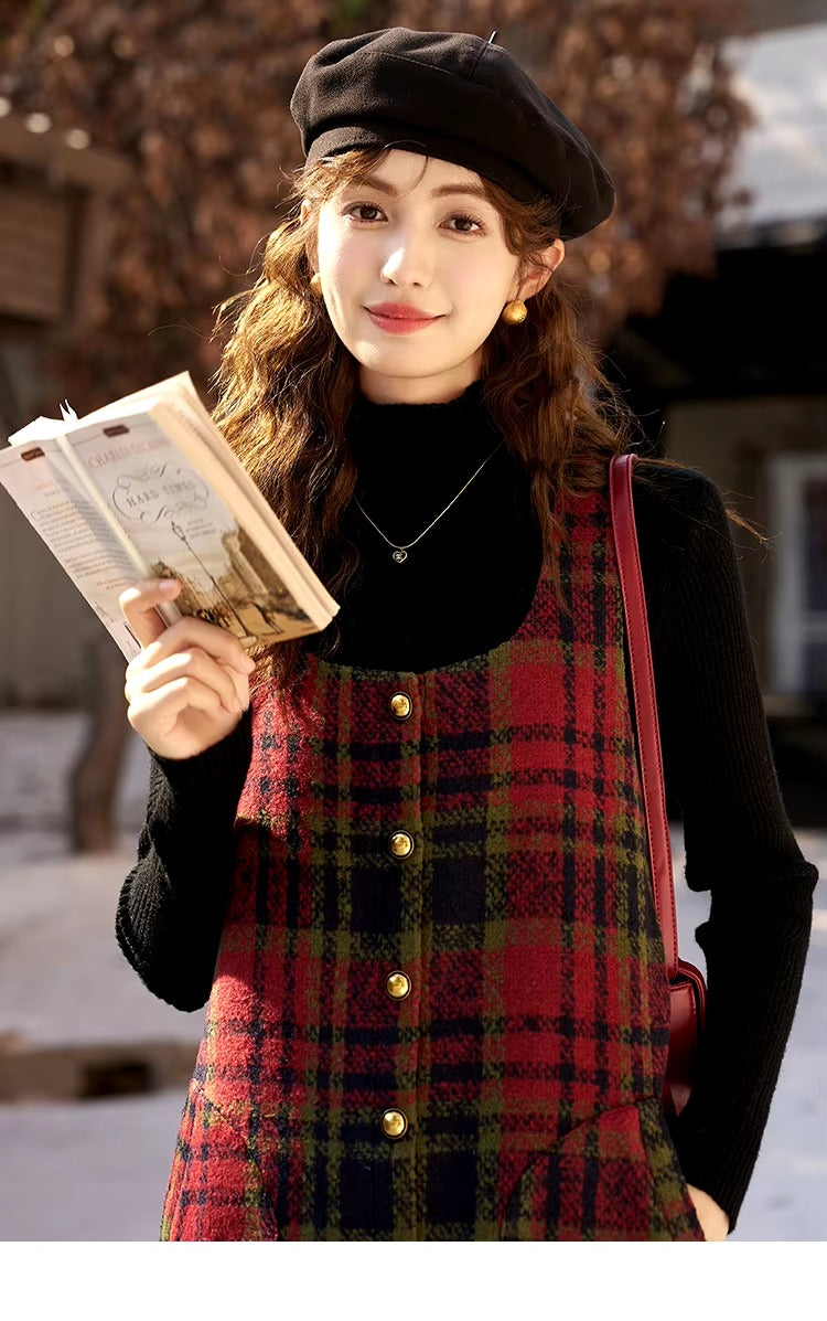 Vintage Button A-line Square Collar Plaid Woolen Mini Dress