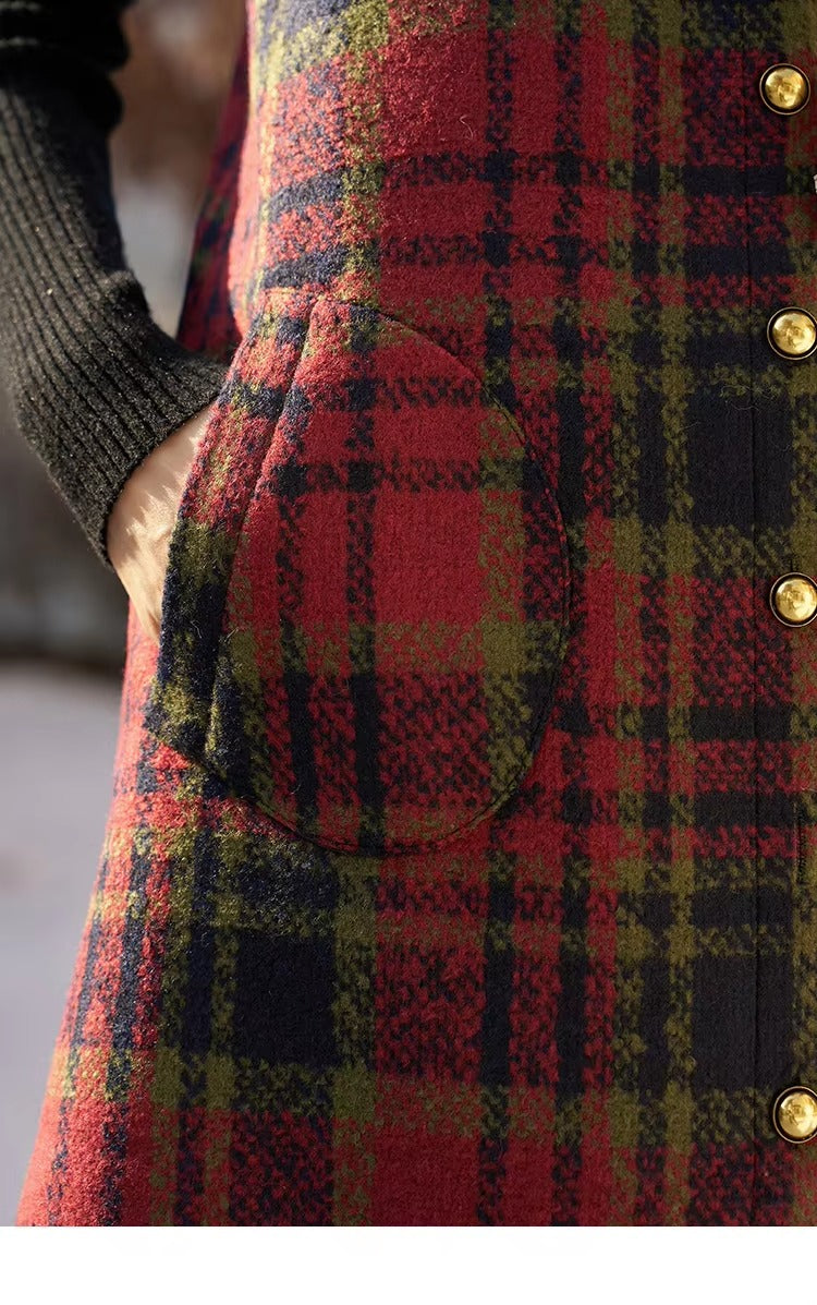 Vintage Button A-line Square Collar Plaid Woolen Mini Dress
