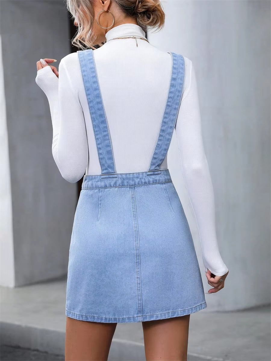 Vintage Button Front Denim Sleeveless Pockets Casual A-Line Dresses