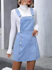 Vintage Button Front Denim Sleeveless Pockets Casual A-Line Dresses