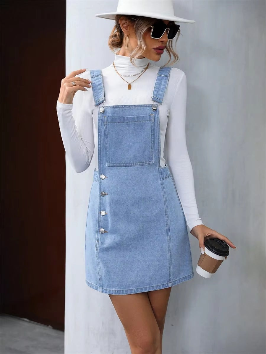 Vintage Button Front Denim Sleeveless Pockets Casual A-Line Dresses