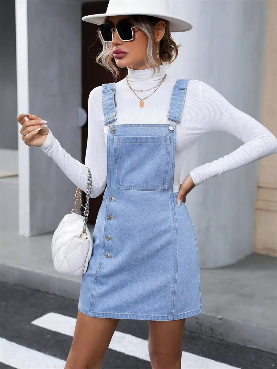 Vintage Button Front Denim Sleeveless Pockets Casual A-Line Dresses