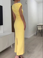 Vintage Casual Solid O-Neck Sleeveless Asymmetrical Straight Vestidos Dress