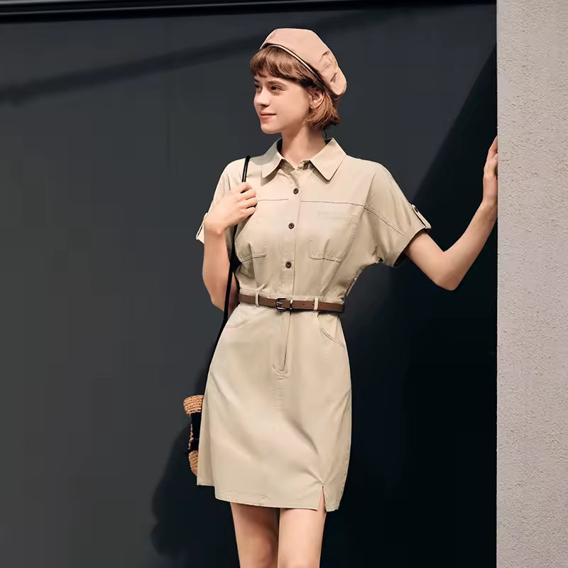 Vintage Casual Wind Lapel Neck Cotton Waisted Work Dress