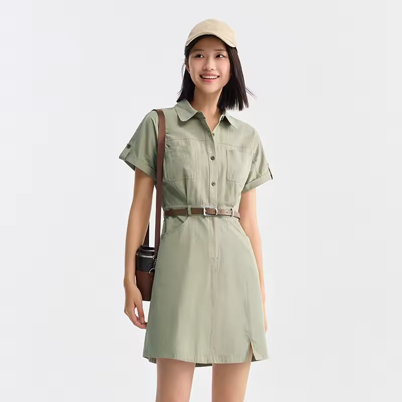 Vintage Casual Wind Lapel Neck Cotton Waisted Work Dress