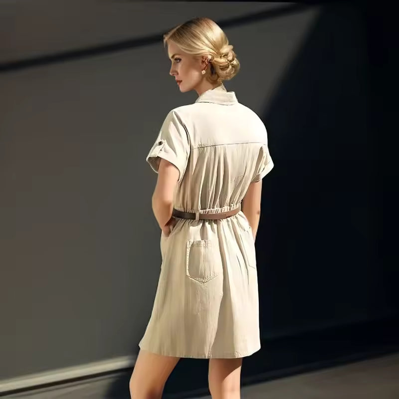 Vintage Casual Wind Lapel Neck Cotton Waisted Work Dress