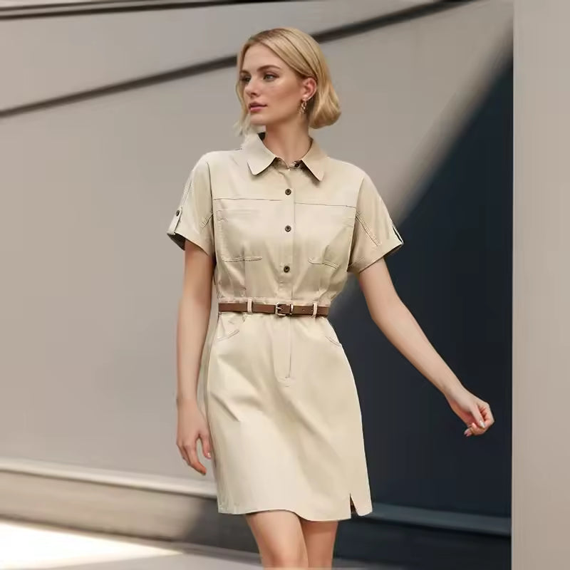 Vintage Casual Wind Lapel Neck Cotton Waisted Work Dress