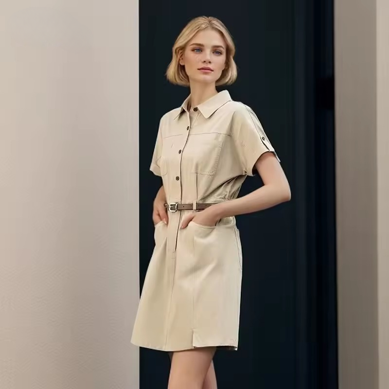 Vintage Casual Wind Lapel Neck Cotton Waisted Work Dress