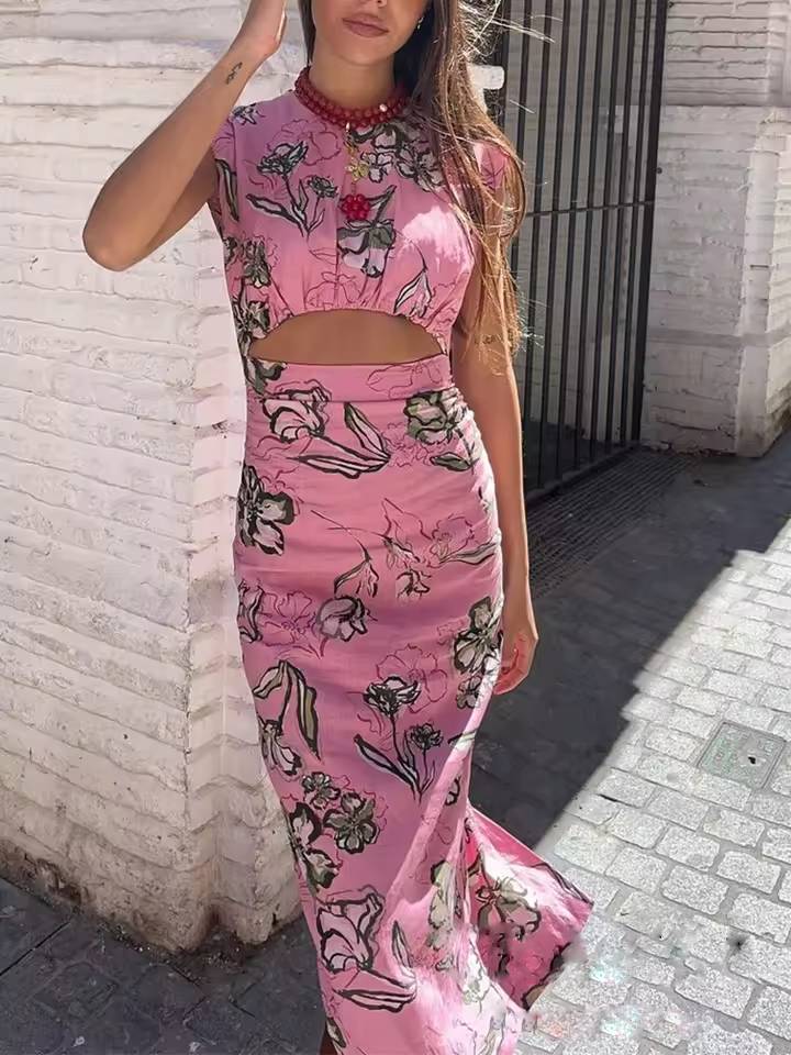 Vintage Chic Print O-Neck Zipper Sleeveless Straight Maxi Dress