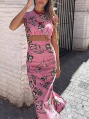 Vintage Chic Print O-Neck Zipper Sleeveless Straight Maxi Dress