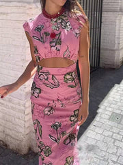 Vintage Chic Print O-Neck Zipper Sleeveless Straight Maxi Dress
