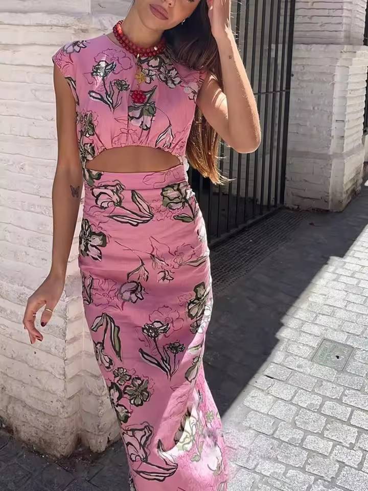 Vintage Chic Print O-Neck Zipper Sleeveless Straight Maxi Dress