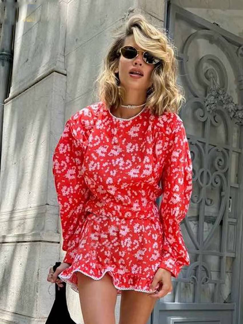Vintage Classic Lace Spliced O-Neck Long Sleeve Slim Print Mini Dress